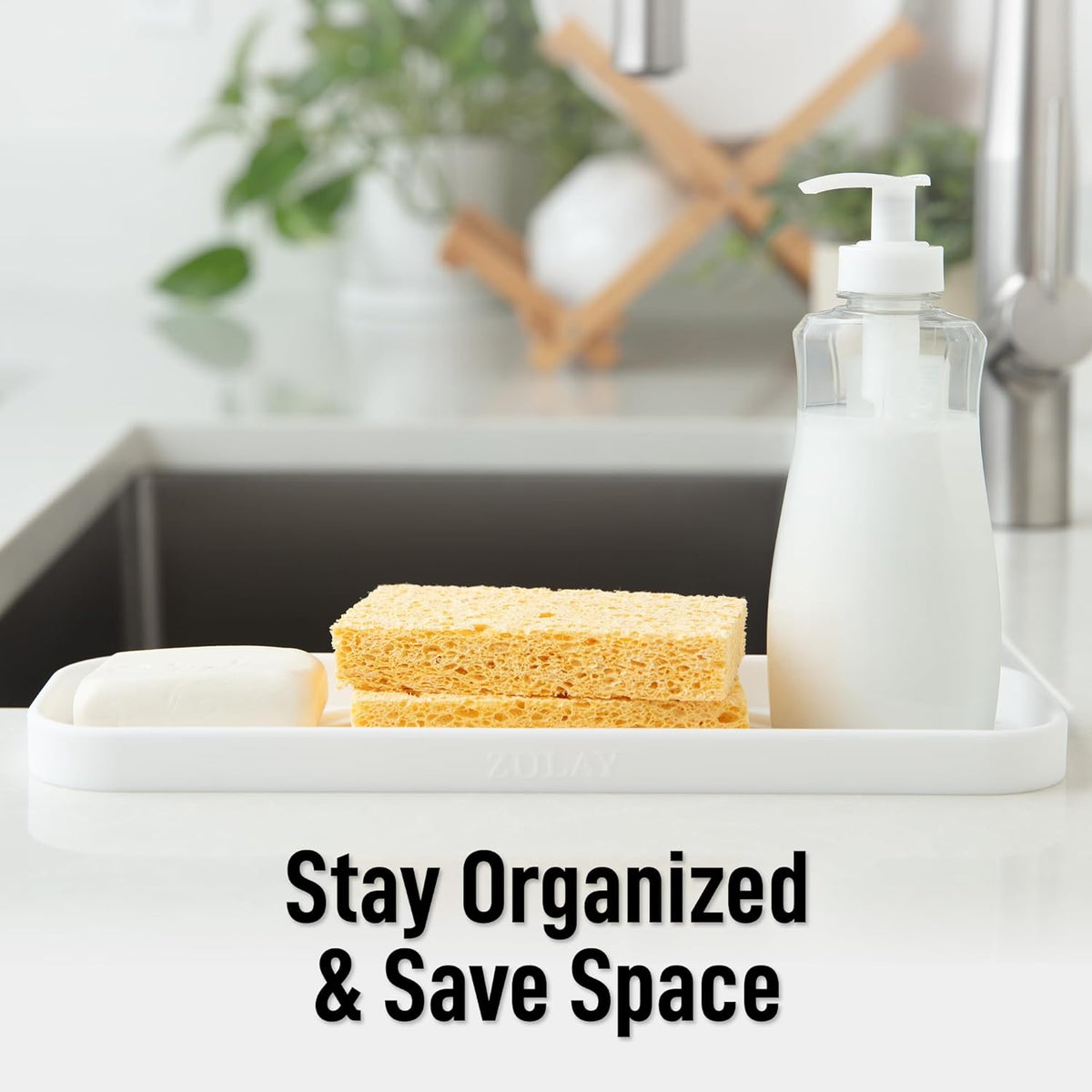 Zulay Kitchen Large Silicone Sponge Holder (12x4) – Flexible Sink Organizer Tray for Kitchen & Bathroom – Multipurpose Soap Dish for Sponges, Makeup, Trinkets & More (White)
