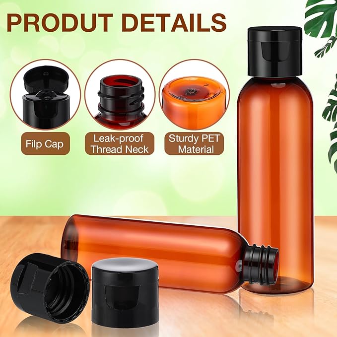 Zhehao 200 Pcs 2 oz Brown Plastic Empty Bottles Small Travel Size Bottles with Flip Cap Empty Transparent Dispenser Container for Liquids Toiletries Shampoo Lotion (Black Cap)