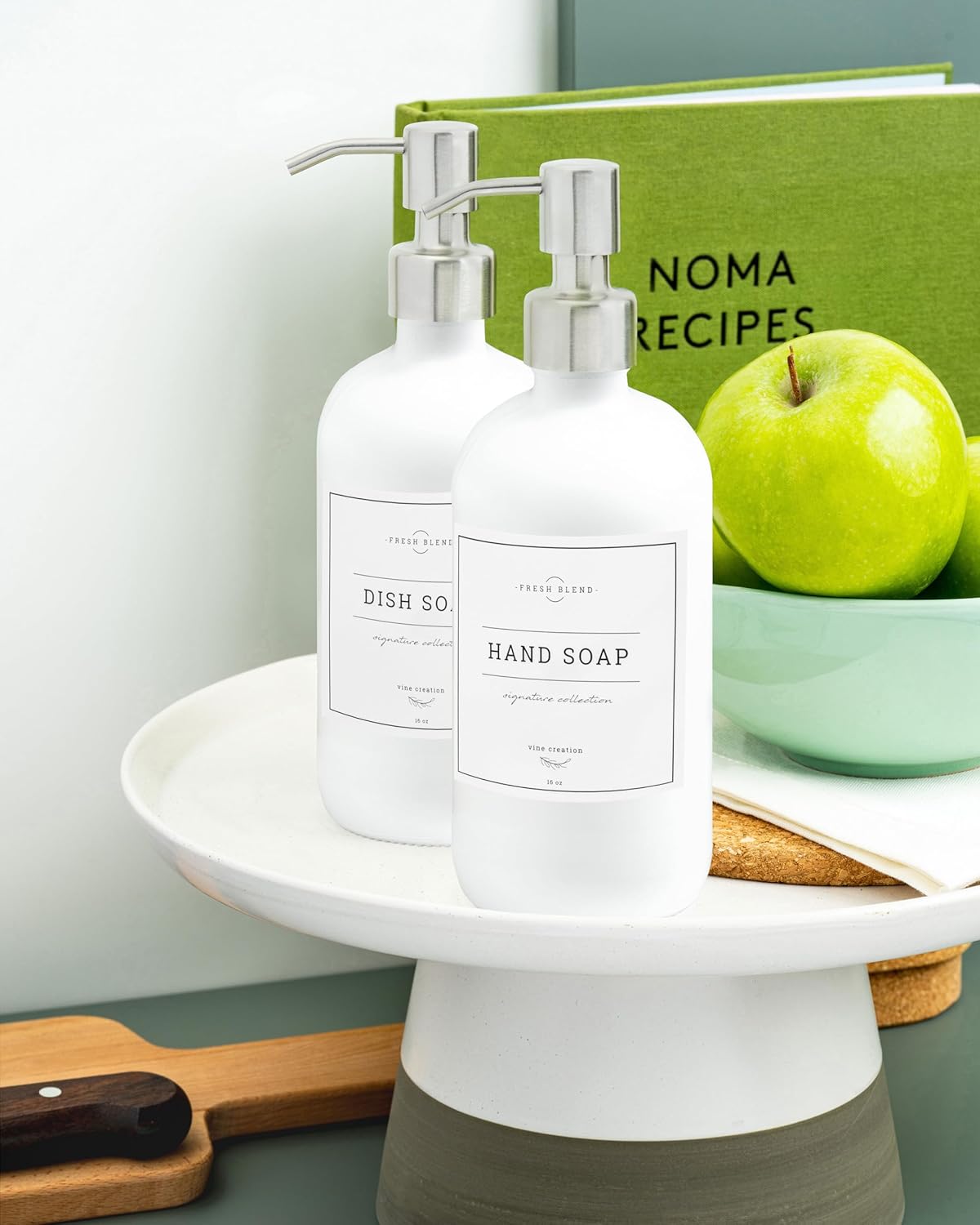 Vine Creations White Glass Soap Dispenser, 2 Pack Kitchen Soap Dispenser Set with Stainless Steel Pump, 16 oz Dish Soap and Hand Soap Dispensers for Bathroom with Waterproof Labels
