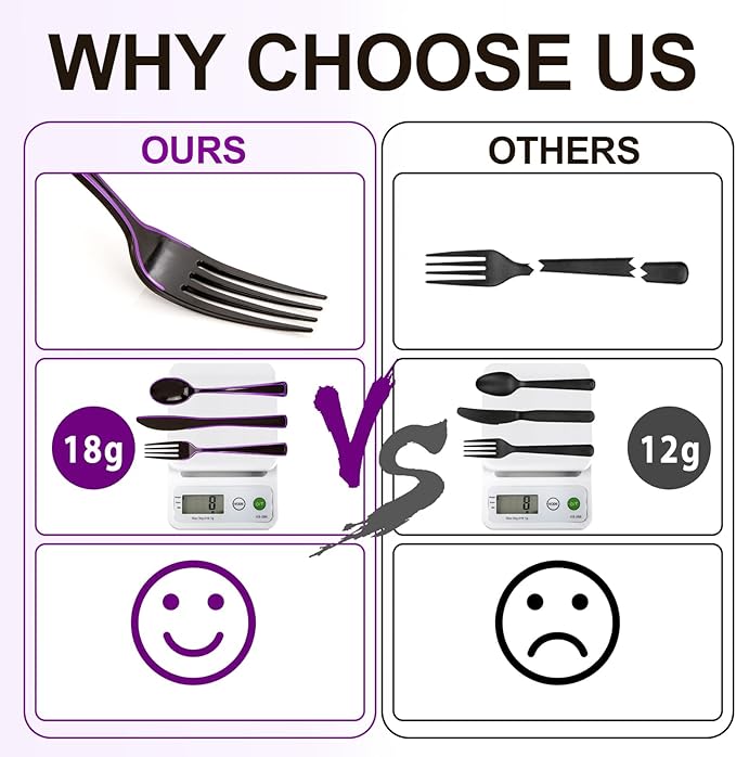 WDF 180 Pieces Black and Purple Halloween Plastic Silverware - Black Flatware Set Include 60 Forks, 60 Knives and 60 Spoons Heavy Duty Plastic Cutlery Purple Utensils for Halloween Party/Birthday