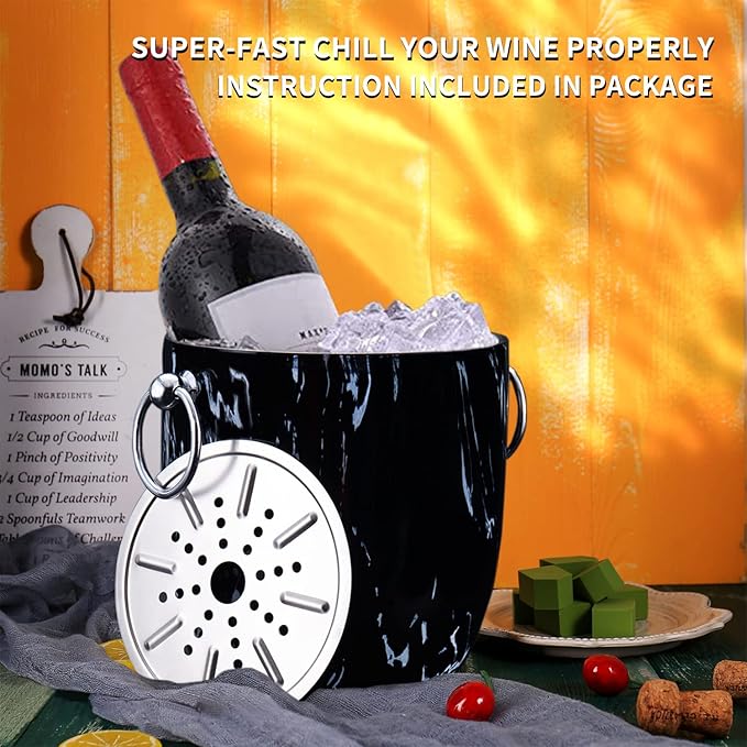 Ice Bucket with Lid, Scoop, Tongs and Strainer - Well Made Insulated Stainless Steel Keep Ice Frozen Longer - Ideal for Cocktail Bar, Parties, Chilling Wine, Champagne - 3 Liter (Black Marble)