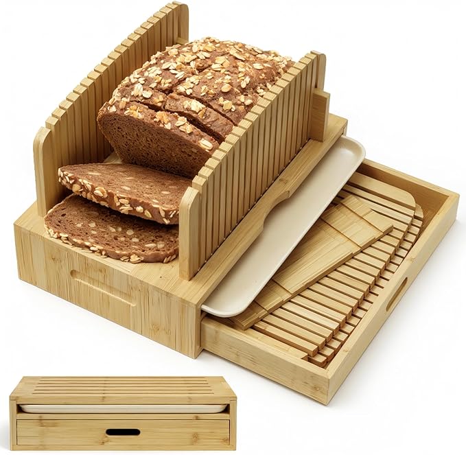 Bamboo Bread Slicer for Homemade Bread Adjustable Width Slicing Guides, Compact Loaf Cutter for Perfect Slices