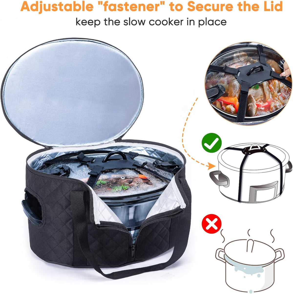 BAGSPRITE Double-layer Slow Cooker Carrying Case Compatible with 6-8 Quart Crockpot Carrier for Hot Food and Hamlton Beach Slow Cooker Tote with Lid Fastener for Crock-pot Dust Cover Applicances