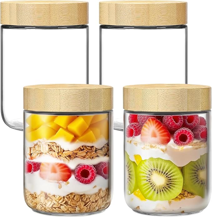 4 Pack 16oz Glass Jars with Bamboo Lids, Overnight Oats Containers with Airtight Lids, Storage Containers Wide Mouth Mason jars for Salad,Yogurt, Sugar, Snacks, Spices