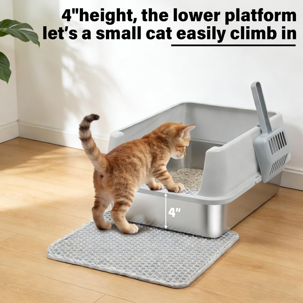 FUTAM Stainless Steel Litter Box with Lid, Metal Litter Box for Kitten, Small Litter Boxes with Scoop and Mat, Low Entry,Non-Stick,Easy to Clean Litterbox for Small to Medium Cats
