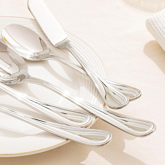 KINGSTONE 45 Piece Silverware Set for 8 with Serving Utensils, 18/10 Stainless Steel Flatware Set, Modern Design Cutlery Set for Home/Hotel/Wedding,Mirror Polished and Dishwasher Safe