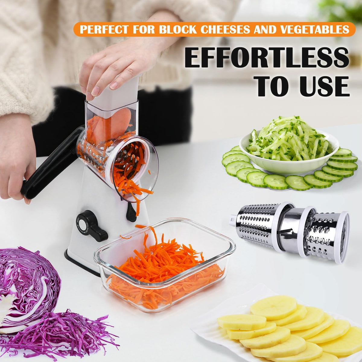 Rotary Cheese Grater Hand Crank, 3 in 1 Blades Vegetable Slicer Cheese Shredder for Vegetable, Nuts, Chocolate, Potato, Practical Kitchen Gadgets