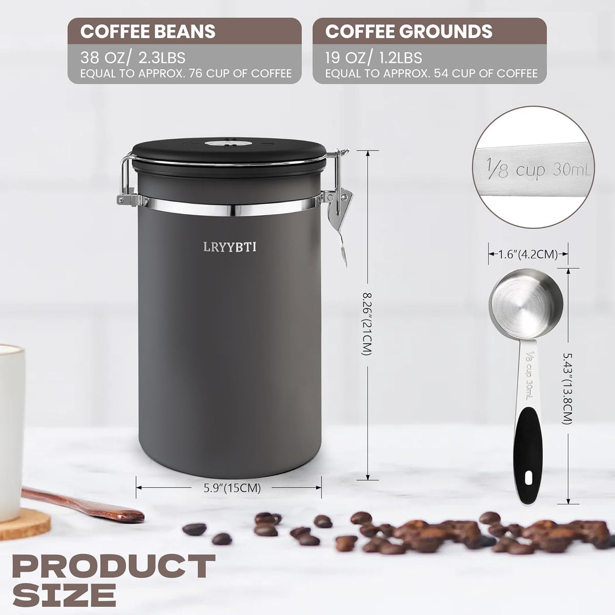 38oz Airtight Coffee Canister,Stainless Steel Coffee Bean Storage Container with Scoop Date Tracker & CO2 Release Valve for Beans, Grounds and more- Gray