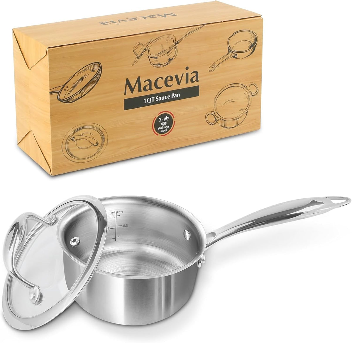 Macevia Sauce Pan with Glass Lid, 18/10 Stainless Steel Pot with Stay-Cool Handle, For All Stoves Multipurpose Use for Home Kitchen or Restaurant（1 Quart）- Silver