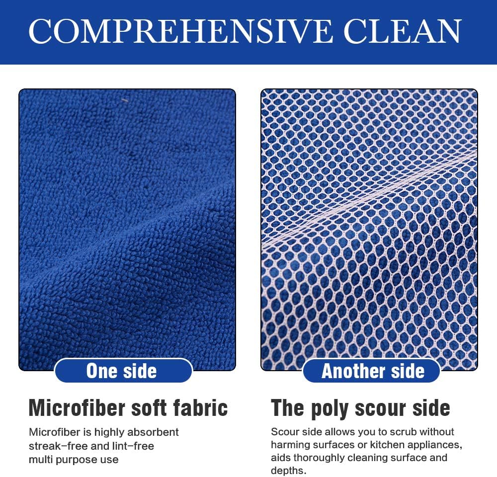 SINLAND Microfiber Dish Cloth for Washing Dishes Best Kitchen Washcloth Cleaning Cloths Poly Scour Side 12inchx12inch 5 Pack (Blue+White+Grey+Brown+Black)
