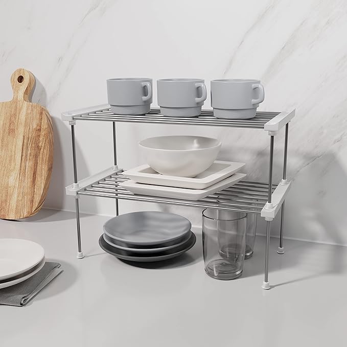 carrotez Cabinet Organizer Shelf, Set of 2 Stackable Kitchen Counter Shelves, Kitchen Cabinet Organizers and Storage, Pantry Storage Shelf Organizer, 15.7 x 7.8 x 6.1 - White