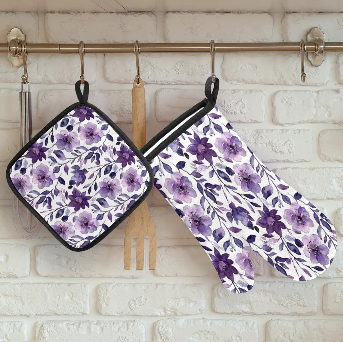 Flower Oven Mitts and Pot Holders Sets, 2 Pcs Purple Floral Decorative Kitchen Oven Glove for Cooking