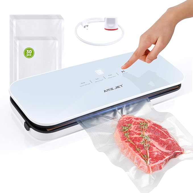 Vacuum Sealer for Food - Tempered Glass Panel, LED Touch Control, Digital Display, Pulse/Moist/Dry/Seal/External Suction Modes, Includes 30 Vacuum Bags & Built-in Cutter(White)