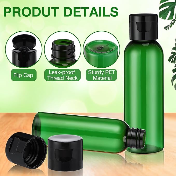 Zhehao 200 Pcs 2 oz Green Plastic Empty Bottles Small Travel Size Bottles with Flip Cap Empty Transparent Dispenser Container for Liquids Toiletries Shampoo Lotion (Black Cap)
