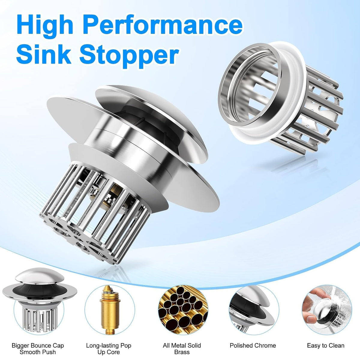 Universal 4 in 1 Bathroom Sink Drain Strainer with Removable Filter Basket, Pop Up Pure Copper Bathroom Sink Stopper, Anti-Clogging Bathroom Drain Stopper Sink Plug