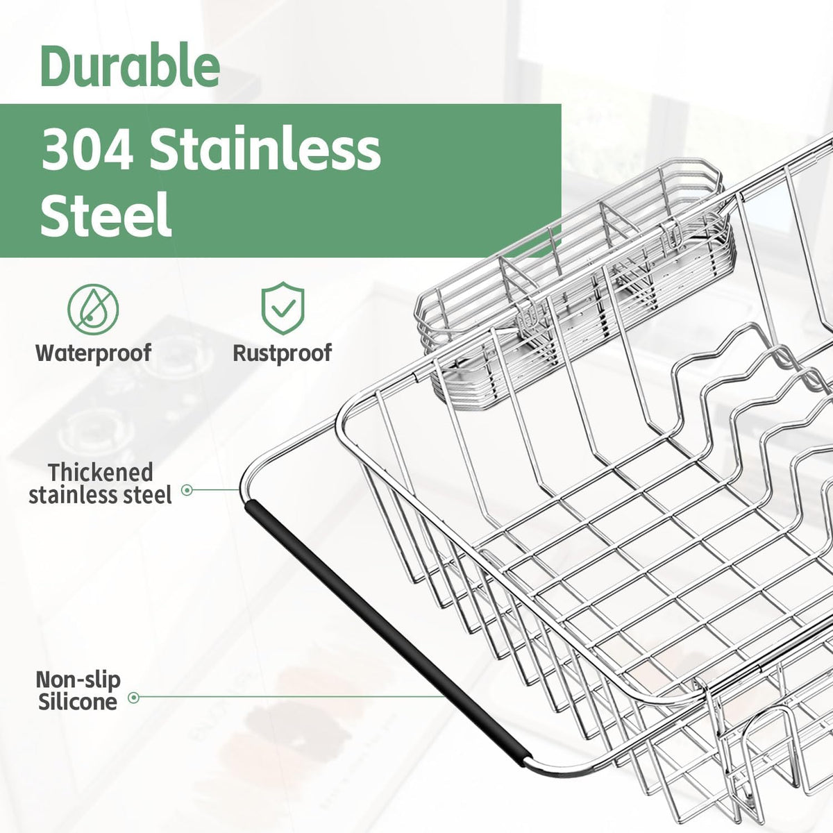 Dish Drying Rack in Sink, Extendable Stainless Steel Dish Drainers for Kitchen Counter, Anti-Rust Dish Dryer Rack with Utensil & Cup Holders, for Inside Sink, Over The Sink