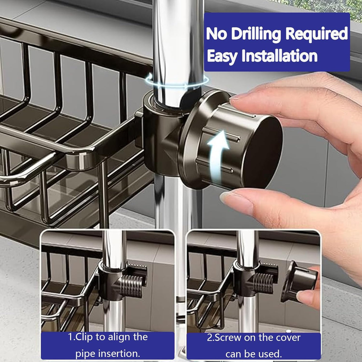 Kitchen Sink Faucet Organizer Multifunction Sponge Holder Organizer Sink Drain Holder Over Faucet Kitchen Sink Caddy with Hook Adjustable for 0.7-1.1inch Round Water Pipe (Black, S)