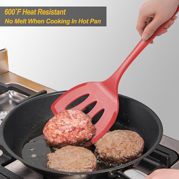 Silicone Pancake Spatula Turner with Lengthened Handle& Seamless Design, Heat Resistant Slotted Flipper for Nonstick Cookware, Large Flexible Kitchen Utensils for Egg, Pancake, Burger, Red