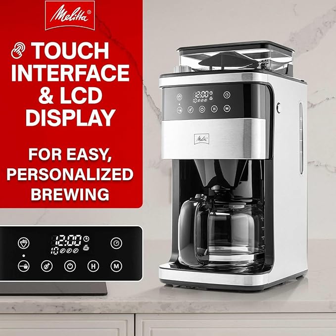 Melitta® Aroma Fresh™ Plus 10-Cup Automatic Drip, Programmable Coffee Maker with built in Burr Coffee Grinder, 5-Pack Coffee Filters included