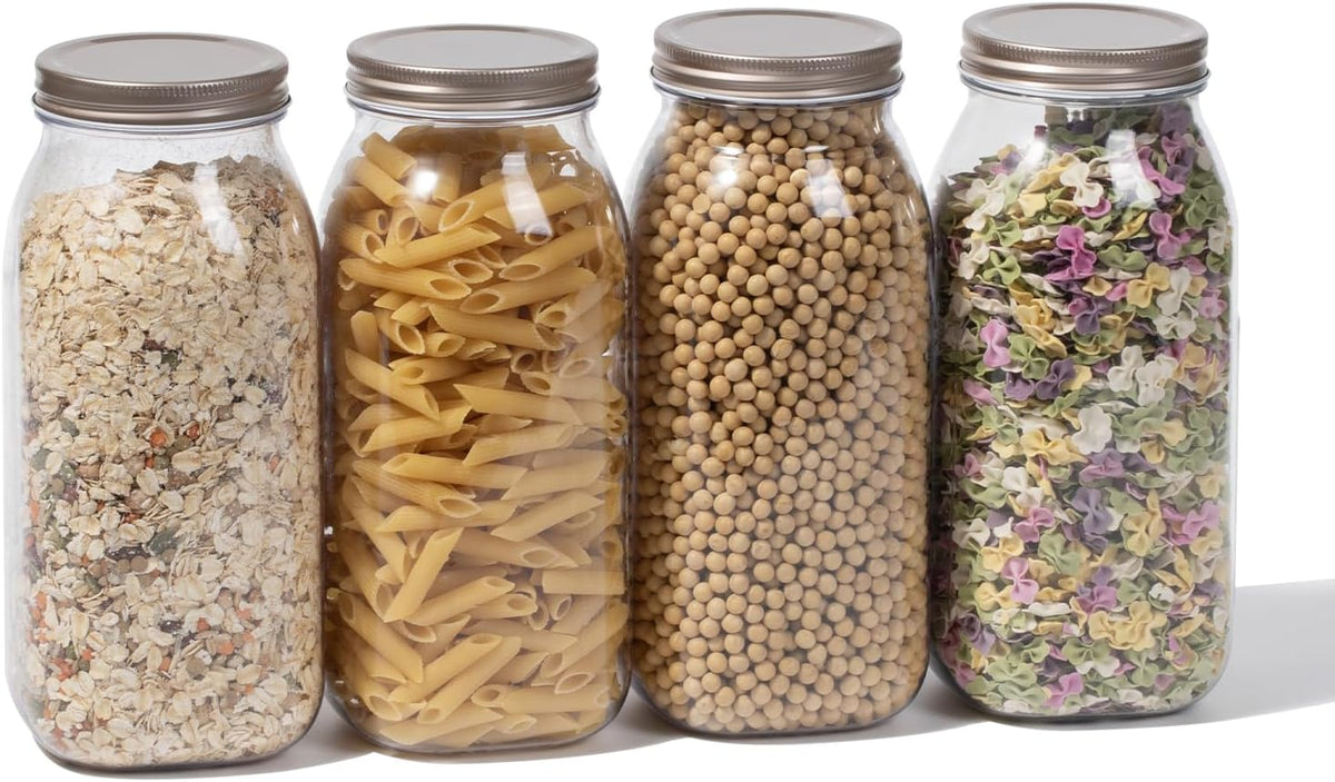 novelinks 64 oz Large Plastic Jars with Metal Lids - 4 Pack BPA-Free Clear Storage Containers for Pantry, Pickles, Sauces, Flour, Snacks - Leak-Proof Airtight Food Grade Jars for Kitchen (Rose Gold)