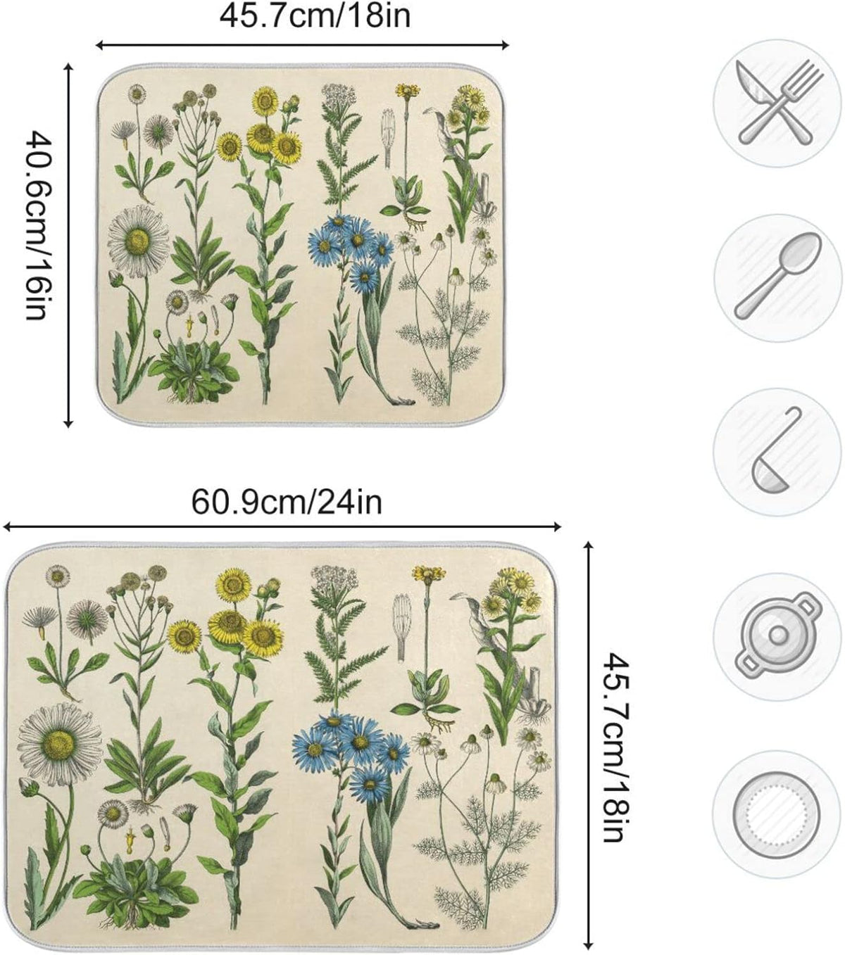 Herbs Flowers Botanical Plant Dish Drying Mat for Kitchen Counter Absorbent Microfiber Drying Pad, Large 18x24 in, Reversible Drainer Mats
