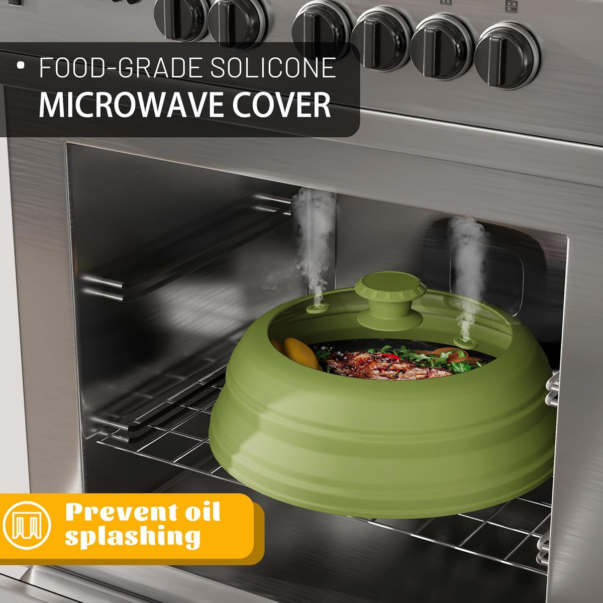 Collapsible Microwave Splatter Cover - Vented Silicone & Glass Lid with Easy-Grip Handle, Fits 6 to 8 Inch Plates & Bowls, 9 Inch Diameter, Prevents Splatters & Ensures Even Heating