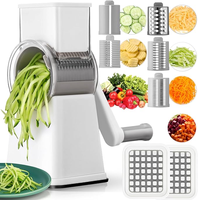 6-in-1 Rotary Cheese Grater with 12 Blades Hand Crank Food Grater Vegetable Slicer with Suction Base, 360° Rotating Handle and Safety Push Cup Multi Blade Shredder Chopper to Dice for Kitchen