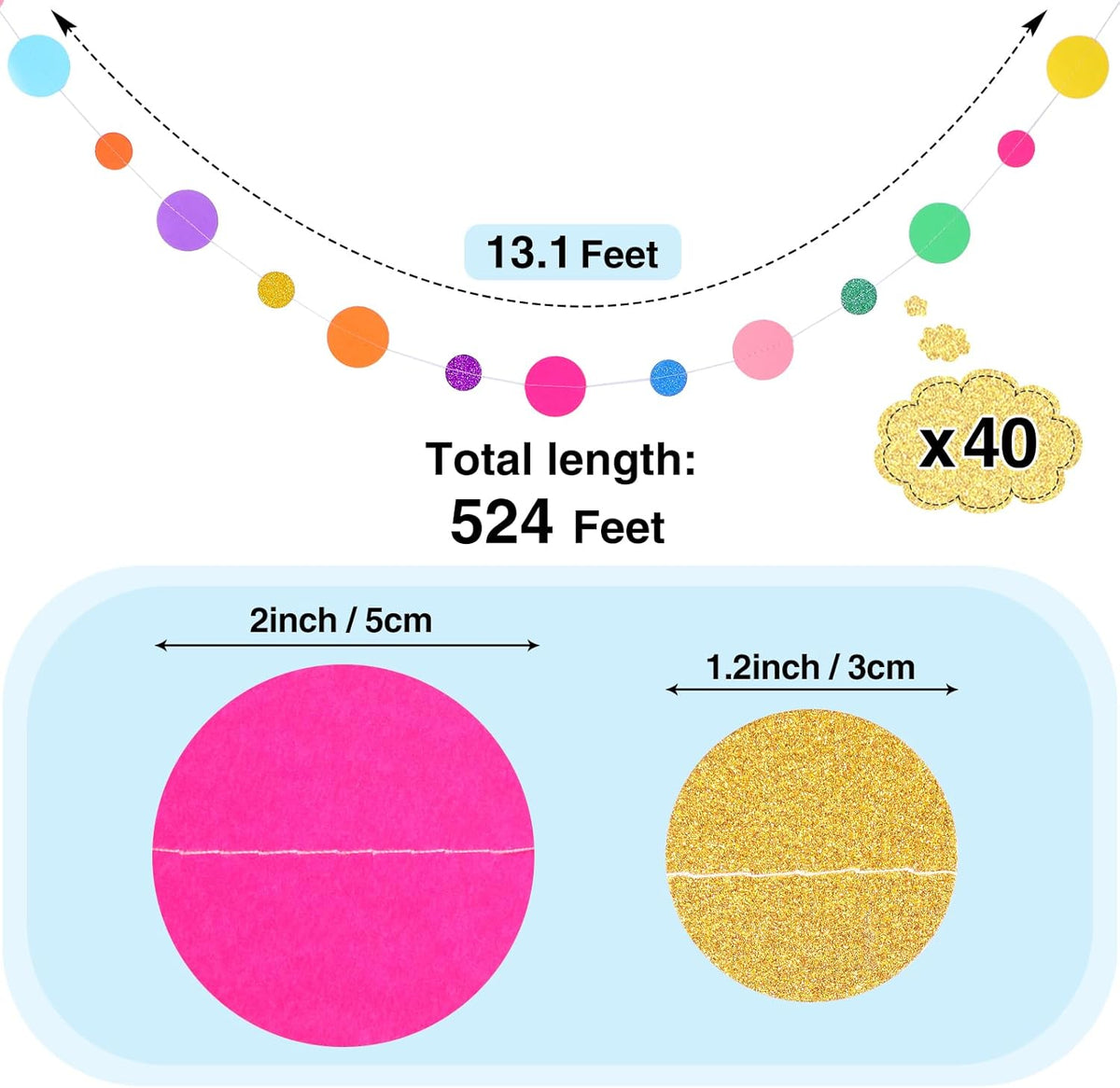 Outus 40 Pieces Colorful Dots Paper Garland Round Glitter Garland Hanging Confetti Streamers Backdrop Decoration for Birthday Classroom Candy Sprinkles Trunk or Treat Party (Rainbow)