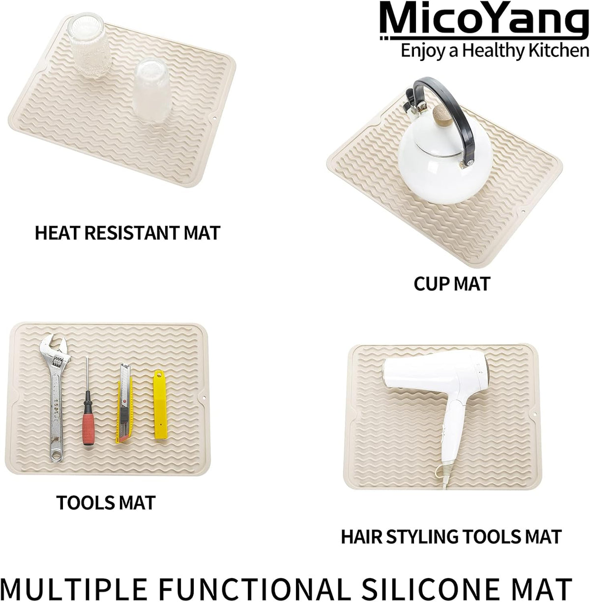 Silicone Dish Drying Mat for Multiple Usage,Easy clean,Eco-friendly,Heat-resistant Silicone Mat for Kitchen Counter or Sink,Refrigerator or drawer liner Tapioca L 16 inches x 12 inches