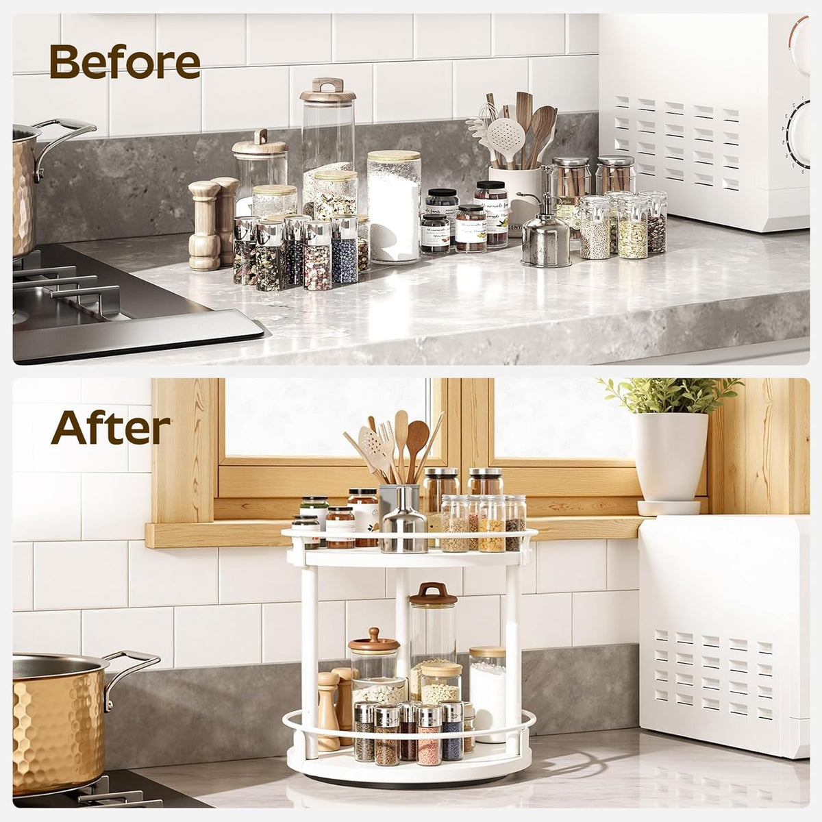 Lazy Susan Organizer, Rotating Spice Rack, 2 Tier Spice Turntable Organizer, Industrial Turntable Spice Holder, for Kitchen Countertop, Compact and Versatile, White SR22WW
