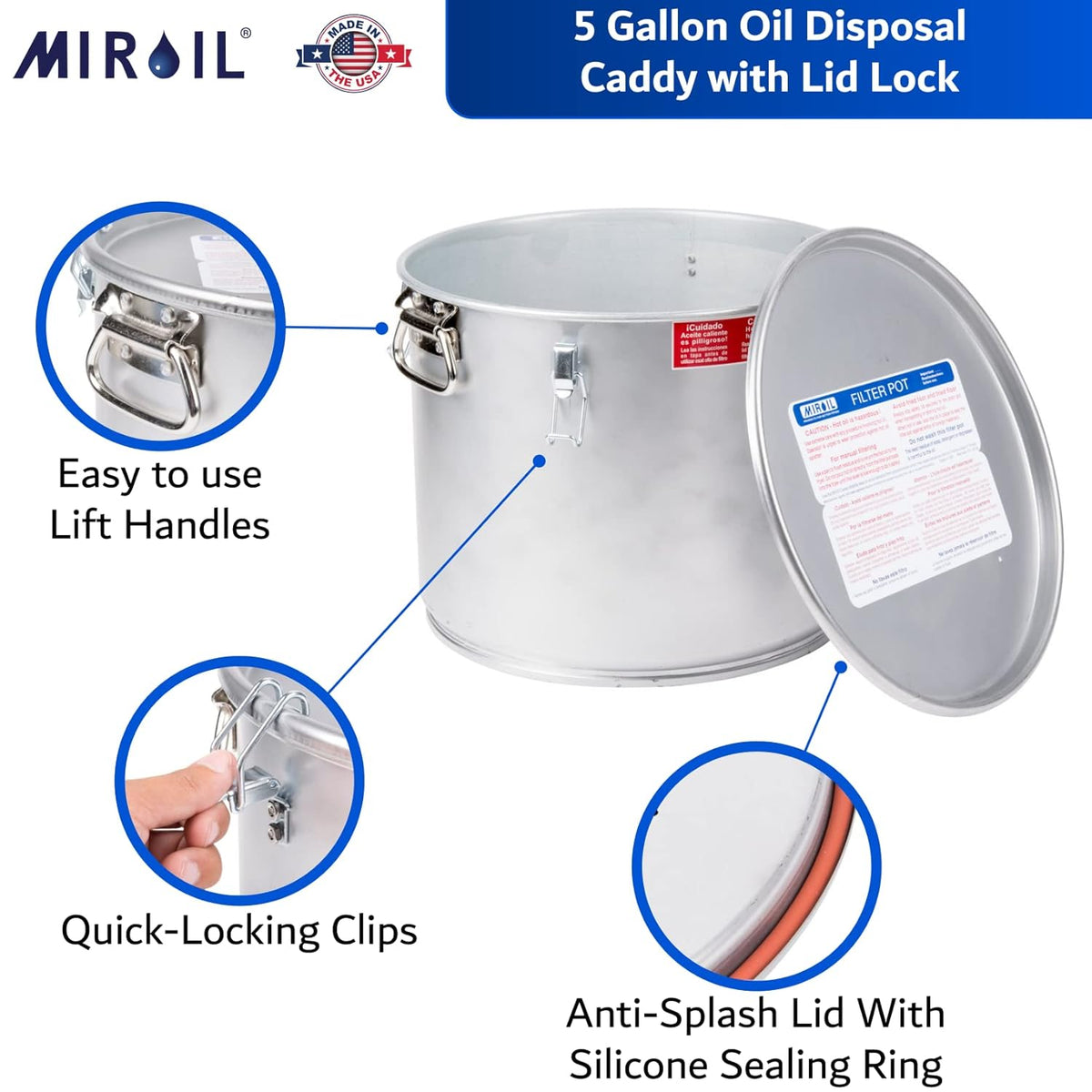 MirOil 5 Gallon Oil Grease Bucket & Filter Pot, USA Made Deep Fryer Grease Bucket Pot with Lid Lock & Lock Clip, 35Lb. Low Profile Container To Fit Under Drain Valves, Filtering Hot Cooking Oil - 40L