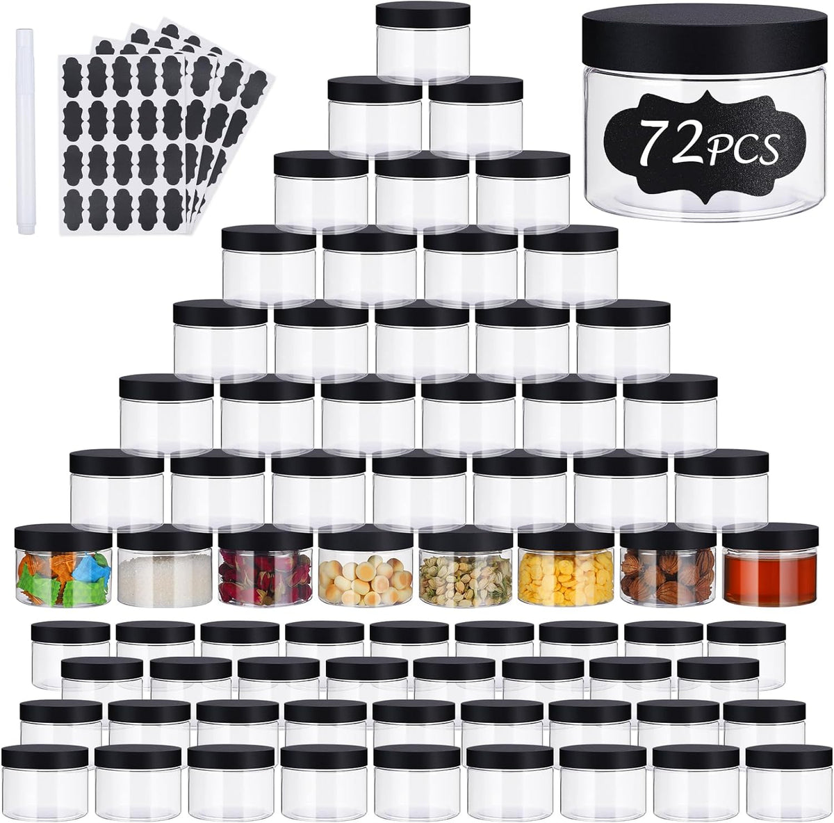72 PCS 4 OZ Plastic Jars with Screw On Lids,Labels Refillable Empty Round Slime Cosmetics Containers for Storing Dry Food, Honey Jam, Cream, Butter, Lotion, black