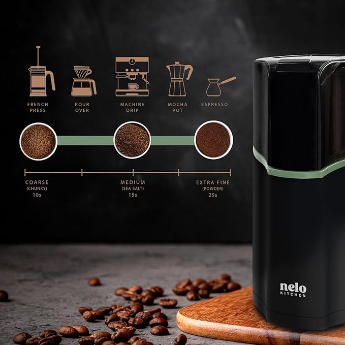 NELO 3.5oz One-Touch Coffee Grinder, Power Grind with Removable BPA Free Stainless Steel Dishwasher Safe Bowl, 15 Cups, Easy Use, 200 Watts, Electric Coffee Bean Grinder, Spice Grinder, Nuts, Black