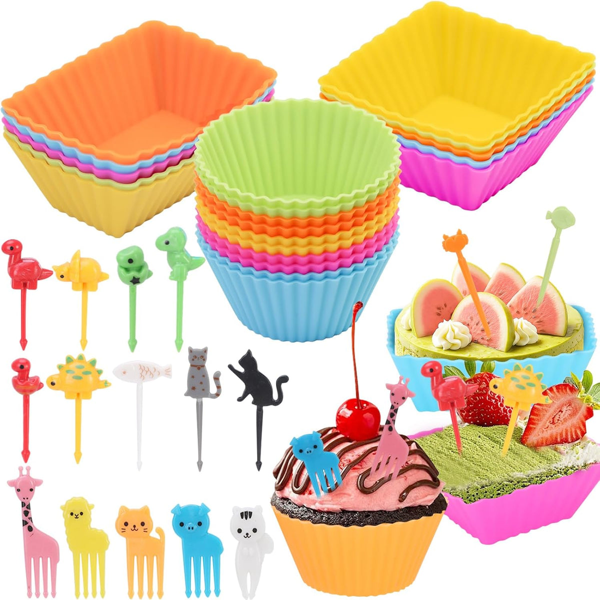 60PCS Silicone Lunch Box Dividers, Heavy-Duty Silicone Cupcake Liners for Muffin Cups, Reusable Kids' Lunch/Bento Box Accessories Set with Animal Forks, Food-Grade, BPA Free(20 Liners + 40 Picks)