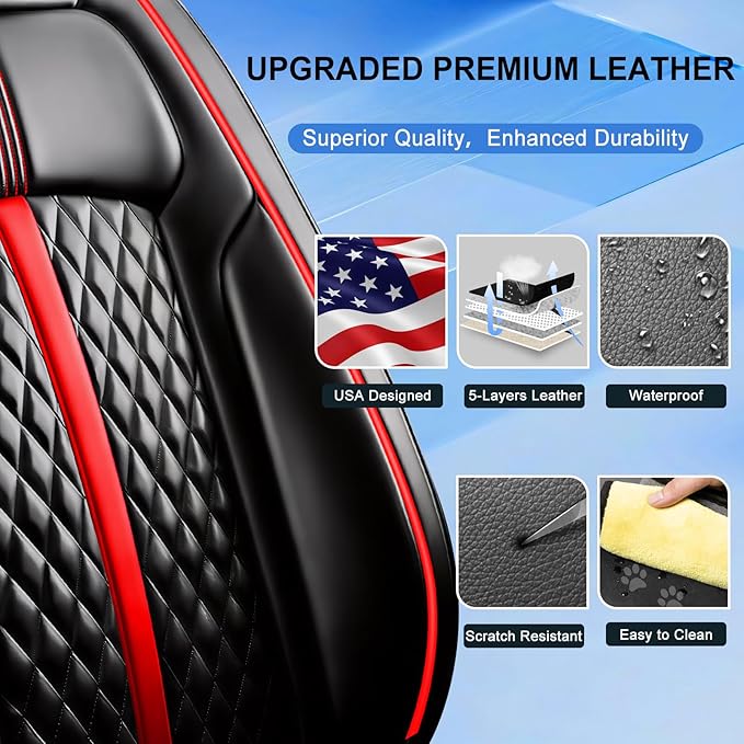 Fit Civic Car Seat Covers (Front Pair) for Select Honda Civic 2020-2026 Sedan (Not for Coupe), Full Coverage Leather, Waterproof All-Weather Breathable Seat Cushion Protector, Black & Red Trim
