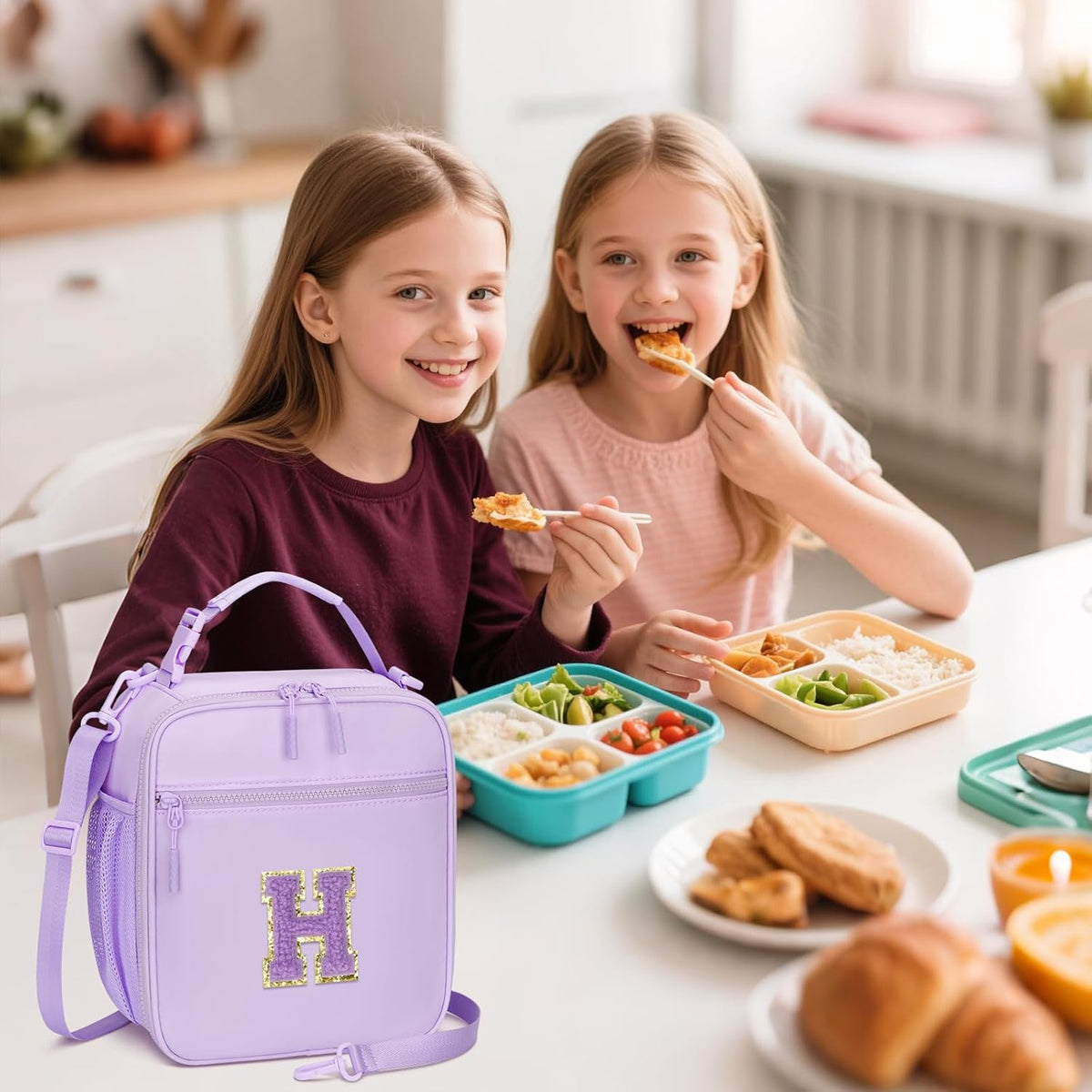 Initial Insulated Lunch Bag for Girls Kids, Back to School Gift, Reusable Leak-proof Lunch Box with Adjustable Strap for School Daycare Travel Picnic (Purple,H)