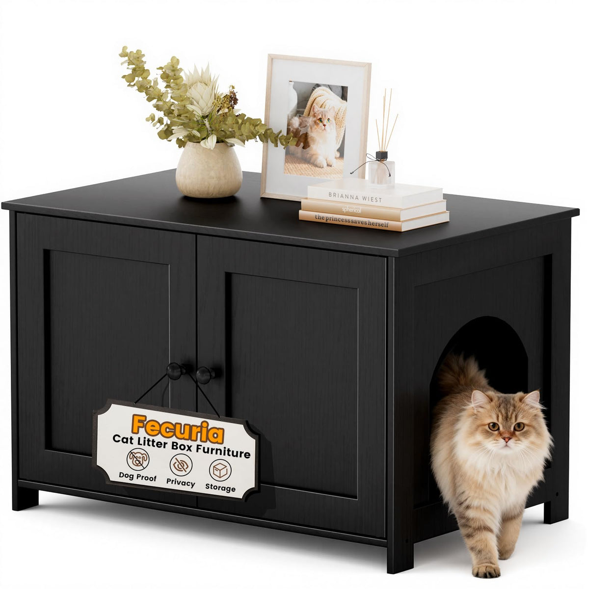 Fecuria Cat Litter Box Enclosure Furniture Dog Proof, Hidden Kitty Washroom Cabinet Low Entry, Wooden Cat Boxes Enclosure Odor Control for Home, Farmhouse Style Decorative TV Stand with Storage, Black