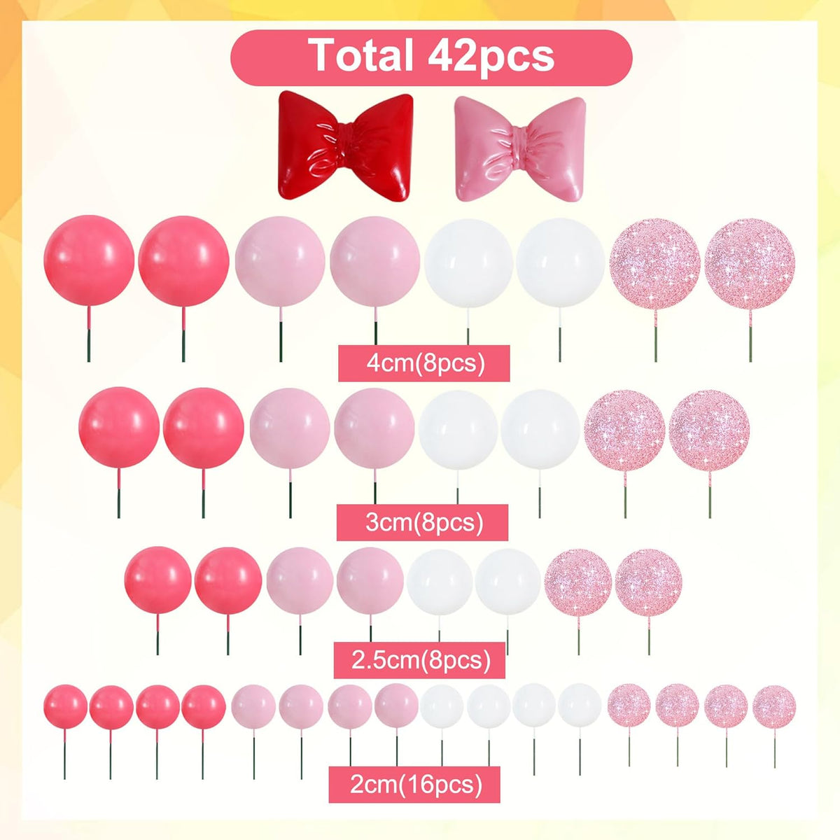 BEISHIDA 42 pcs Foam Ball Cake Toppers with Sticks Includes 2 Bow Cake Decor Perfect for Birthday Party Pink&White Theme Party Decor Wedding Anniversary Celebration(Pink, White)