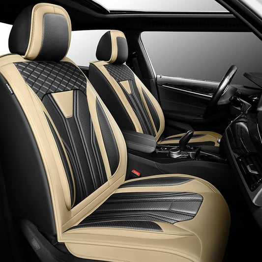 Fit Frontier Car Seat Covers Premium Leather for Nissan Frontier 2009-2025 2026. Waterproof， Breathable, Scratch-Resistant & All-Weather Seat Cushion Protector（Front Seat,Beige&Black