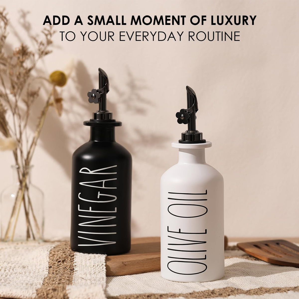HOMCDALY Premium Olive Oil Dispenser for Kitchen, 11.8oz Glass Oil Bottles with Bamboo Tray, Oil&Vinegar Cruet Set, Kitchen Dispenser Bottles with Pourer | Set of 2 (11.8oz –P–Black&White)