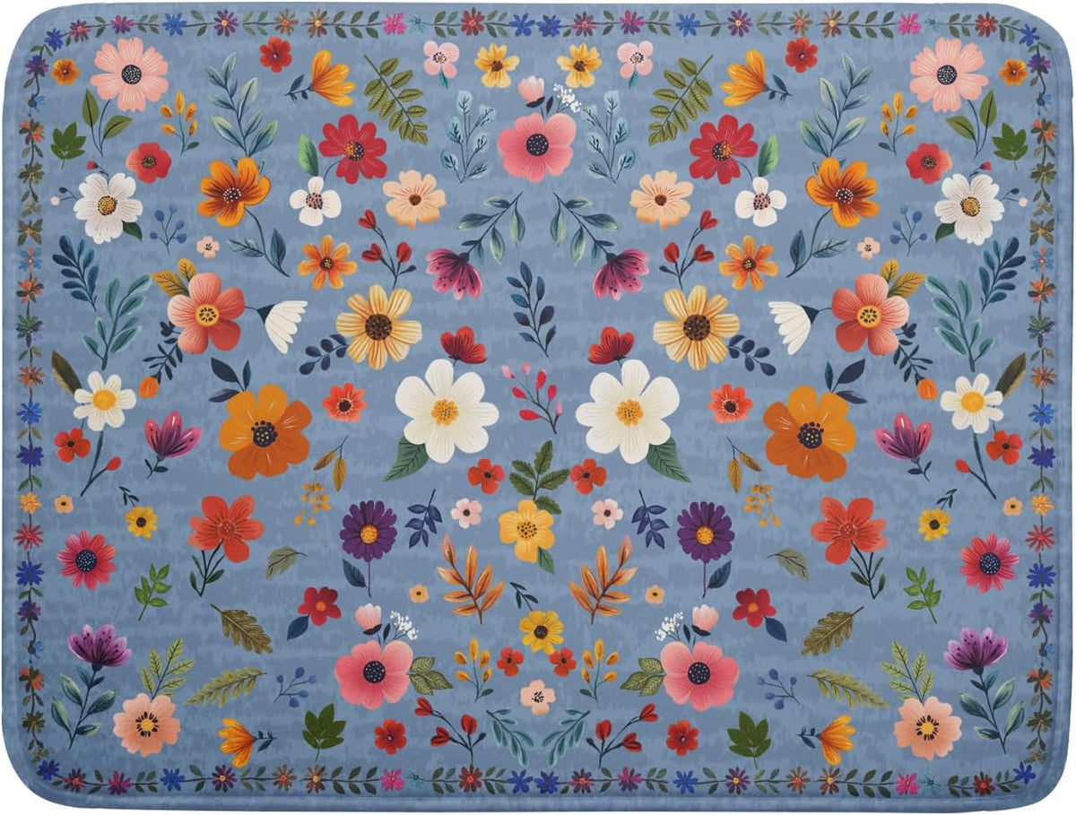 Colorful Flower Dish Drying Mat - Blue Large Floral Coffee Mat for Kitchen Counter Decor 18 X 24