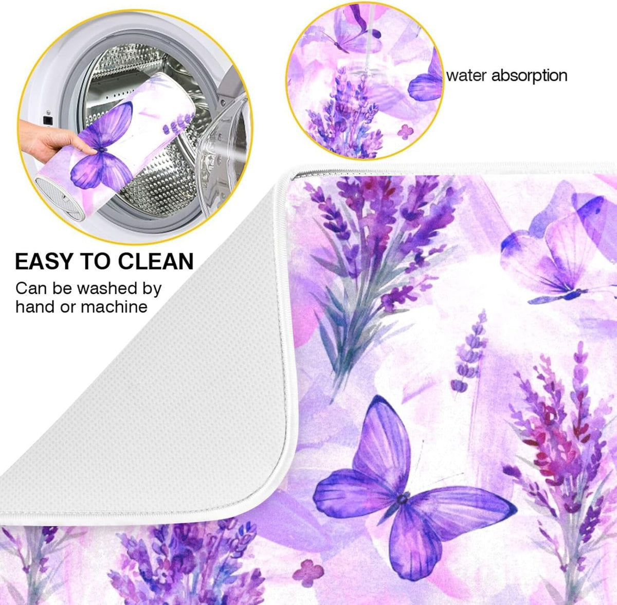 Purple Lavender Butterfly Dish Drying Mat for Kitchen Counter Absorbent Microfiber Drying Pad, Large 18x24 in, Reversible Drainer Mats
