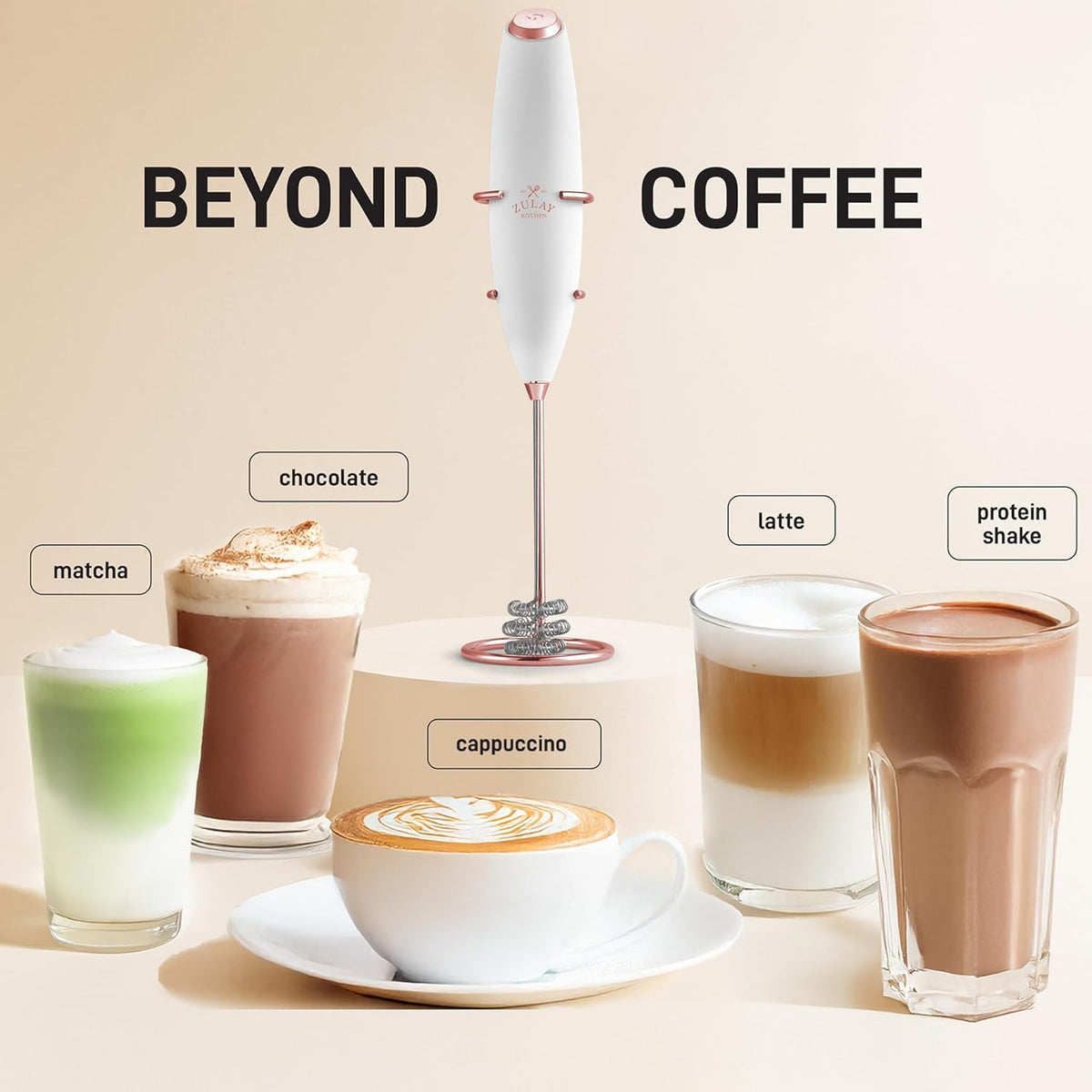 Zulay Kitchen Tornado Whisk Milk Frother with 4 AA Duracell Batteries - Triple Whisk for More Power - Handheld Coffee Frother with Stand - Drink Mixer for Lattes, Matcha & Protein Shakes