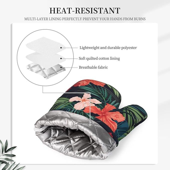 Tropic Hawaiian Hibiscus Flower Oven Mitts Pot Holders Set Silicone Heat Resistant Green Leaves Red Floral Oven Mitts and Hot Pads Potholders Non-Slip Oven Gloves for Cooking Baking Grilling
