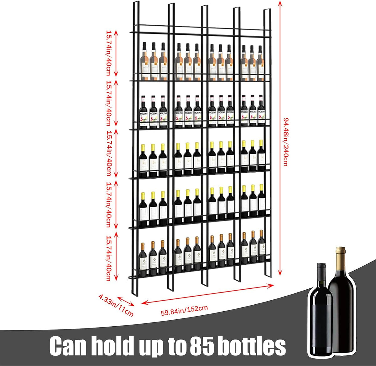 Wine Racks Wall Mounted, 6-Tier Wine Storage Holder, Black Industrial Bar Liquor Bottle Display Shelf, for Home Bar, Kitchen, Dining Rooms, & Wine Cellars (Black, 4 Column)