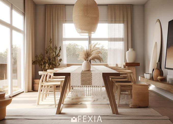 FEXIA Boho Table Runner for Thanksgiving Fall Christmas Home Decor with Tassels 72 Inches Long Pottery barn Furniture Farmhouse Rustic Macrame Burlap Table Decoration for Living Room (12x72 Inches)
