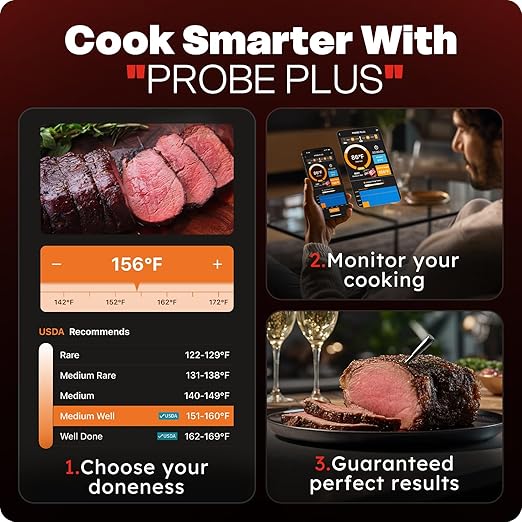 Smart Wireless Meat Thermometer with Ultra-Thin Probe, 6 Sensors Accuracy Digital Food Thermometer 0.5S Instant Read, IP67 Waterproof for BBQ, Grill, Smoker, Oven, Air Fryer,Black