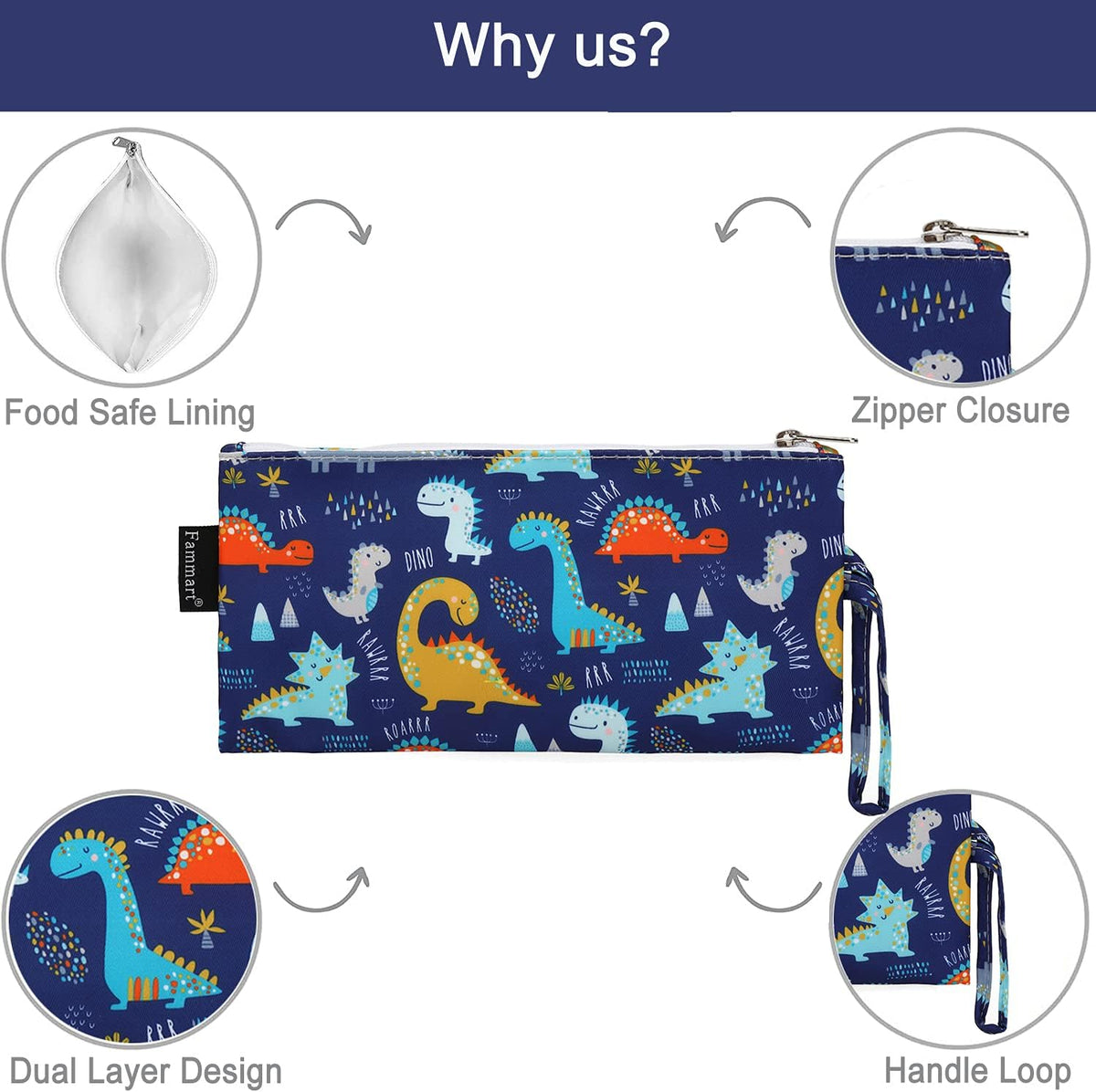 Reusable Sandwich Bag/Snack Bag for Kids & Adults, Dual Layer Lunch Bag with Handle, Washable, Food Safe, BPA Free (2-Pack, Dinosaur)