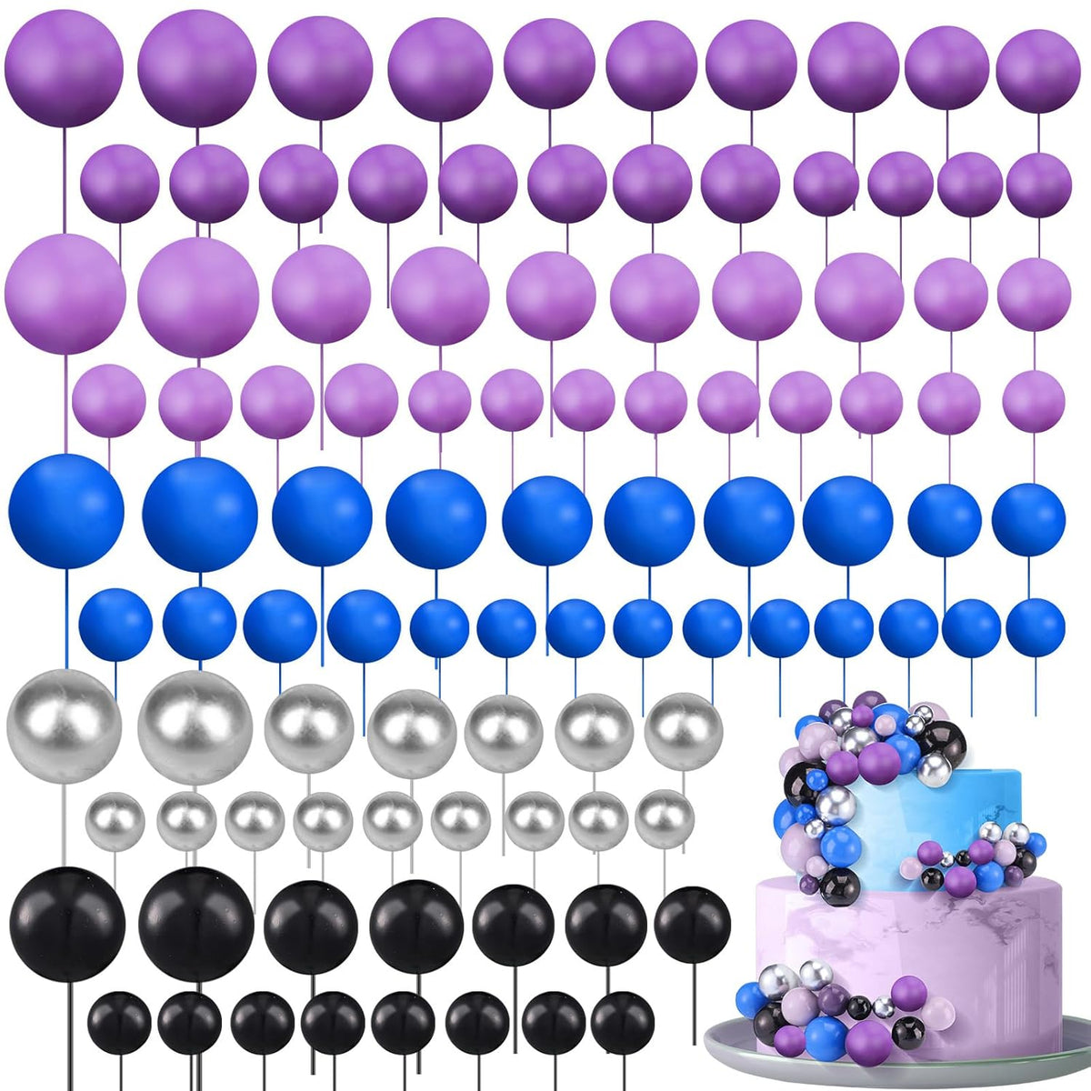 108 Pcs Balls Cake Topper DIY Cupcake Insert Foam Balloons for Cake Baking Wedding Anniversary Birthday Decoration(Elegant Colors,Multi Sizes)