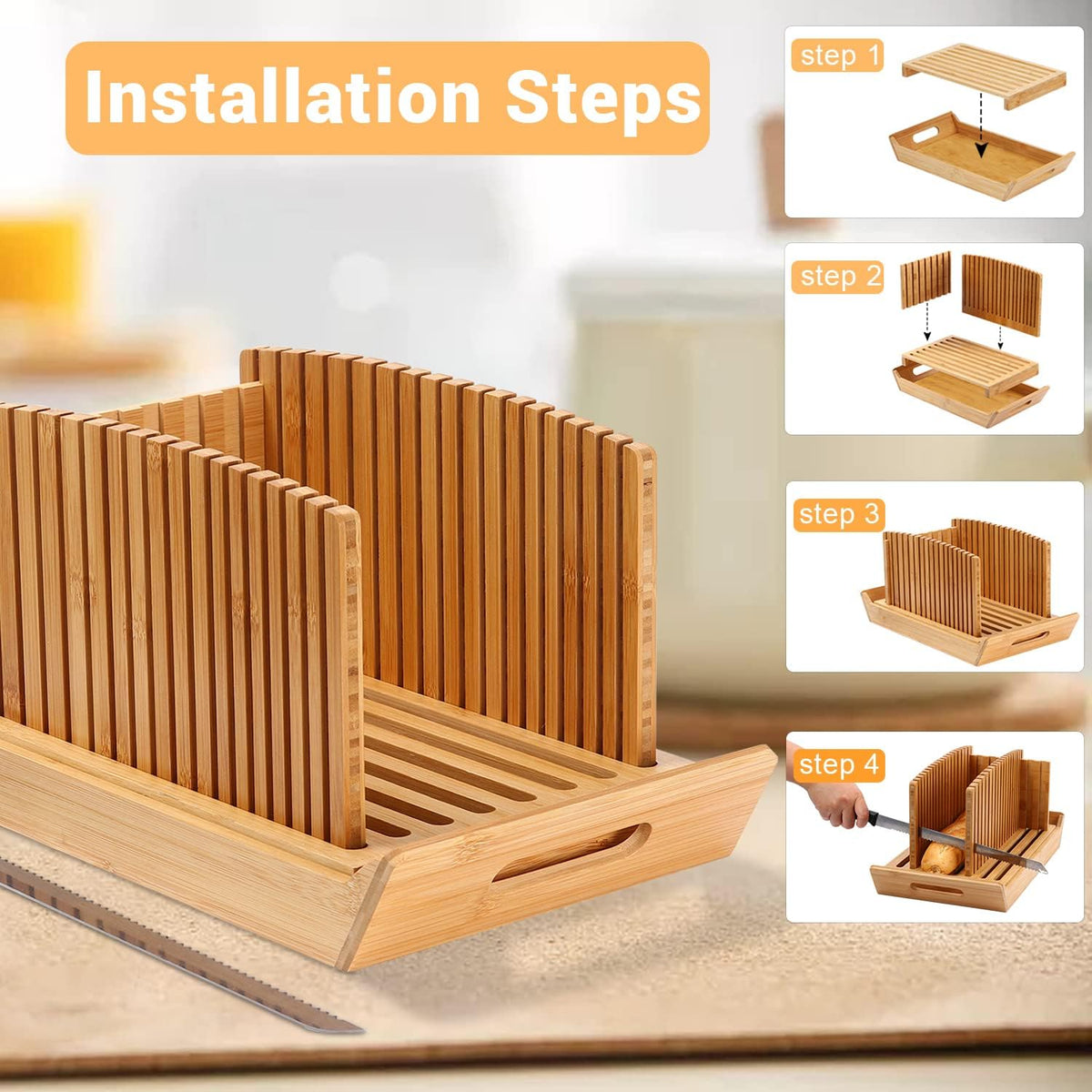 Bread Slicer for Homemade Bread, Bamboo Loaf Cutter with Knife and Crumb Catcher, Adjustable Foldable and Compact Cutting Guide 3 Size Slicing Guide